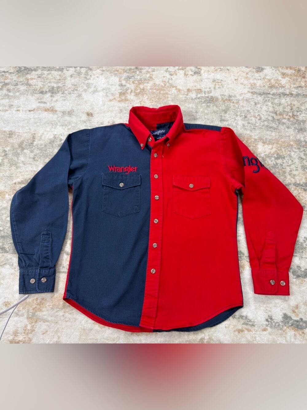 Vintage 90s Wrangler Boys Western Shirt L 10/12 Red Navy Colorblock Embroidered